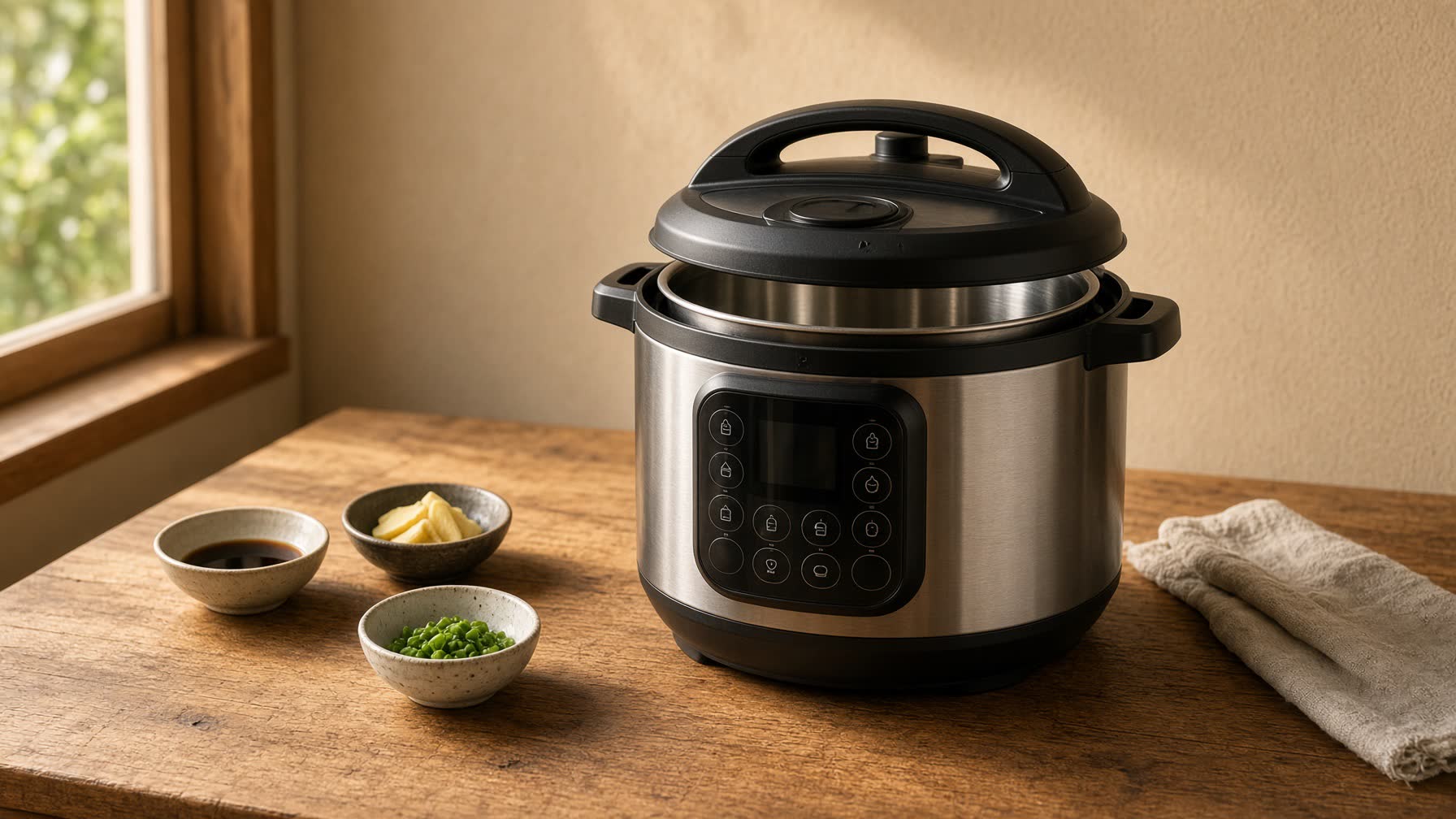Instant Pot on a hinoki counter with soy, ginger, and scallions